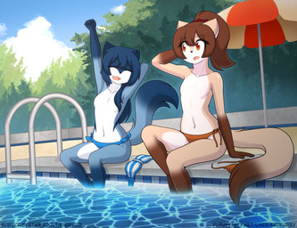 anthro bikini blue_body blue_eyes blue_fur blue_hair breasts brown_body brown_fur brown_hair casual_exposure clothed clothing day detailed_background duo featureless_breasts female flat_chested fur gloves_(marking) hair markings multicolored_body multicolored_fur navel nude orange_eyes outdoor_nudity outside poolside sitting small_breasts smile stretching swimming_pool swimwear text topless two-piece_swimsuit willfurr skyline_(comic) ayla_(skyline) phal_(skyline) canid canine canis fox mammal moon_wolf wolf absurd_res digital_drawing_(artwork) digital_media_(artwork) english_text hi_res shaded