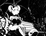 anthro boots breasts city clothing cybernetics ear_piercing ear_ring female footwear machine outside piercing raining ring_piercing shoes sitting solo umbrella rick_griffin cyborg mammal mouse murid murine rodent 2024 black_and_white monochrome