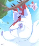 anthro belly biped butt cloud duo kemono open_mouth overweight pink_nose plant red_body smile tree white_body hijirinoyuta nintendo pokemon generation_3_pokemon pokemon_(species) zangoose 2024 hi_res