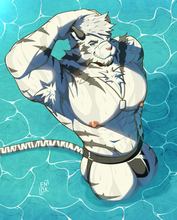 anthro barazoku clothed clothing dog_tags fur hand_on_head jockstrap jockstrap_only looking_at_viewer male markings muscular muscular_male nipples partially_submerged smile solo standing striped_body striped_fur striped_markings stripes swimming_in_underwear topless underwear underwear_only water white_body white_fur endokhayam zan felid mammal pantherine tiger hi_res