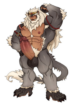 abs anthro armband balls barazoku barefoot beard black_balls brown_eyes claws erection facial_hair fangs feet finger_claws flexing flexing_bicep fur genitals gold_crown grey_body grey_fur hair hand_on_hip long_hair long_tail male muscular muscular_thighs nipples nude pecs penis prehensile_feet pubes red_armband shoulder_scar simple_background solo tail tail_tuft teeth toe_claws toes tuft vein veiny_penis white_background white_hair imato haplorhine mammal primate 2025 absurd_res hi_res