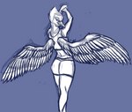 ambiguous_gender anthro beak bottomwear clothing feathered_wings feathers female looking_at_viewer shorts simple_background solo spread_wings wings firstletterj avian bird blue_and_white digital_drawing_(artwork) digital_media_(artwork) monochrome signature sketch