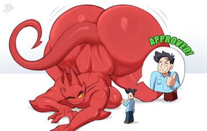 anthro ass_up big_butt biped bottomwear breasts butt clothed clothing duo eyelashes female glistening_eyelids huge_butt jack-o'_pose larger_female long_eyelashes macro male motion_lines nude pose red_body size_difference smaller_male tail tear_trough text thick_thighs topwear milkshoba satina_(series) dave_(satina) lucia_(satina) demon human mammal hi_res