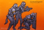 anthro armor army army_uniform ballistic_shield bulletproof_vest group gun headgear helmet male military ranged_weapon shield soldier trio warrior weapon tass_the_bovine bovid bovine cattle equid equine horse mammal absurd_res hi_res