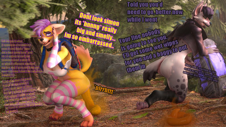 anthro balls bottomless butt camping clothed clothing crouching duo embarrassed fart feces female genitals male onomatopoeia open_mouth outside pooping_on_floor raised_tail sound_effects stink_fumes tail text arrell_(artist) alberarts_(modeler) sandy_(arrell) simon_(arrell) hyena hyenid_(species) mammal 16:9 3d_(artwork) digital_media_(artwork) english_text hi_res widescreen