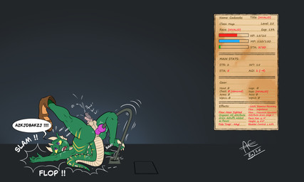 anthro dildo dildo_insertion dildo_trap gameplay_mechanics genitals genitals_shrinking height_reduction induced_impotence male orgasm penis penis_shrinking rpg_dungeon sex_toy sex_toy_insertion solo stats stats_screen surprised denton mythology zooks_(character) animal_humanoid dragon dragon_humanoid humanoid mythological_creature mythological_scalie scalie absurd_res hi_res