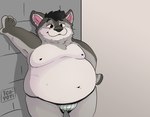 canid canine canis clothing digital_drawing_(artwork) digital_media_(artwork) english_text fur genitals hi_res jockstrap male mammal nipples nude overweight penis portrait shaded solo solo_focus t_cayoti text underwear wolf