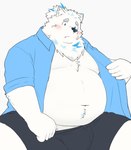 anthro belly blush bottomwear bulge clothed clothing fur hair male moobs navel nipples open_clothing open_shirt open_topwear overweight ponytail shirt shorts solo topwear white_body white_fur nikukyu299paw lifewonders live_a_hero yohack canid canine canis domestic_dog mammal nordic_sled_dog samoyed spitz hi_res