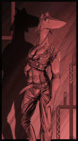 abs anthro belt black_border border bottomwear bulge clothed clothing clothing_lift male muscular muscular_anthro muscular_male pants shadow shirt shirt_lift solo standing topwear daleks2377 aquatic fish hi_res signature