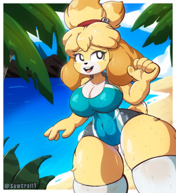 abstract_background anthro beach blue_clothing blue_swimwear camel_toe clothing female fur one-piece_swimsuit palm_tree plant solo swimwear tan_body tan_fur text tree wet sawcraft1 animal_crossing nintendo isabelle_(animal_crossing) canid canine canis domestic_dog mammal shih_tzu toy_dog 2025 absurd_res artist_name hi_res