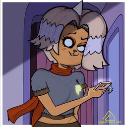 anthro black_sclera blonde_hair bottomwear breasts cellphone clothing crop_top door doorway electronics eye_through_hair eyebrows eyelashes female glowing hair holding_object holding_phone horn looking_at_viewer midriff open_door orange_body pants phone raised_eyebrow scarf shirt small_breasts smartphone smile smiling_at_viewer smirk smirking_at_viewer solo text topwear translucent translucent_hair white_eyes lusoillustrations adventure_time adventure_time:_distant_lands cartoon_network bronwyn_(adventure_time) canid canine canis domestic_dog mammal pup_(adventure_time) rainicorn 1:1 2020 artist_name dated hi_res signature