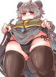 ahoge big_breasts blush breasts camel_toe clothed clothing clothing_lift dress dress_lift female grey_hair hair jewelry legwear low-angle_view panties pendant red_eyes short_hair solo thigh_highs underwear sabitare touhou nazrin animal_humanoid humanoid mammal mammal_humanoid mouse_humanoid murid murid_humanoid murine murine_humanoid rodent rodent_humanoid absurd_res hi_res