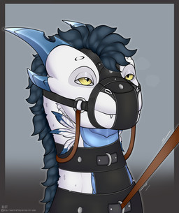 accessory bdsm blue_hair bondage bound bridge cheek_tuft clothing collar facial_tuft feathers feral fluffy fur gag hair head_bondage horn leash leashed_collar male muzzle_(object) muzzle_gag muzzled simple_background solo spikes teeth text tuft white_body white_fur yellow_eyes arti-ramon european_mythology mythology dragon furred_dragon furred_scalie mythological_creature mythological_scalie scalie western_dragon absurd_res artist_name headshot_portrait hi_res portrait url