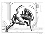 big_butt breasts butt claws door female genitals inside not_furry nude pussy science_fiction simple_background small_breasts smile solo tail thick_thighs toe_claws tube white_background wide_hips zaggatar alien_(franchise) alien xenomorph 2015 monochrome