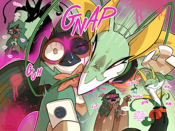 anthro antidote arms_tied beak biped bite blush bodily_fluids bound brown_body brown_feathers cellphone clothed clothing dialogue duo electronics eyelashes eyes_closed fangs feathered_wings feathers female feral glowing glowing_eyes green_body group holding_cellphone holding_object holding_phone humiliation humiliation_fetish leaf legwear luring male male/female markings mischievous mischievous_smile neck_bite neck_tied onomatopoeia open_mouth pantyhose phone plant poison poison_play poisoned reaching_for_object red_eyes satisfied_look scared scared_eyes serpentine shadowy_figure simple_background size_difference smartphone smile sound_effects speech_bubble surprise_attack surprised teeth text topwear venom venom_play venomous_bite vines white_body winged_arms wings rozalid nintendo pokemon louis_(decidueye) serpentine_(serperior) avian bird decidueye generation_5_pokemon generation_7_pokemon pokemon_(species) reptile scalie serperior snake comic digital_media_(artwork) english_text hi_res