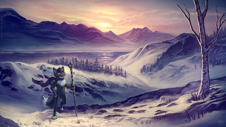 anthro black_body black_fur blue_eyes cloud featureless_crotch front_view fur glistening glistening_eyes hair holding_object holding_staff lake male mostly_nude mountain outside plant purple_hair purple_scarf scarf sky snow solo staff sunset text tree walking white_body white_fur mylafox domestic_cat felid feline felis mammal 16:9 2018 dated signature url widescreen