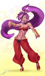 abs blue_eyes breasts clothing ear_piercing ear_ring female footwear hair humanoid_pointy_ears long_hair looking_at_viewer muscular muscular_female muscular_humanoid not_furry open_mouth open_smile piercing pointy_ears ponytail purple_hair ring_piercing shoes simple_background smile solo eltonel shantae_(series) wayforward shantae genie humanoid hi_res