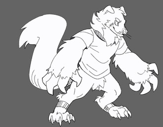 anthro arm_tuft bottomless cheek_tuft claws clothed clothing crotch_tuft facial_tuft fangs floppy_ears male mouth_closed neck_tuft pupils shirt simple_background slit_pupils solo standing t-shirt teeth three-quarter_view topwear tuft unsigned asnnonaka canid canine canis domestic_dog mammal full-length_portrait monochrome portrait