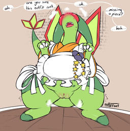 aaaaa after_transformation blush bodily_fluids bottomless bottomless_female claws clothed clothed_feral clothing embarrassed fangs female feral finger_claws gender_transformation genital_fluids genitals green_body inside long_neck maid_uniform musk musk_clouds open_mouth solo sweat tail teeth text thick_thighs transformation uniform vaginal_fluids vulva wings nulloffset nintendo pokemon rayne_(nulloffset) flygon generation_3_pokemon pokemon_(species) english_text hi_res watermark