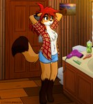 anthro bathroom bottomwear brush clothing comb_(brush) dryer female hair_dryer hairbrush hairspray shorts solo toilet jknewlife sara_aria canid canine fox mammal hi_res