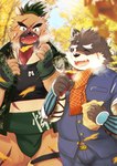 anthro brown_body brown_fur clothing duo eating food fur male musclegut muscular plant scar scarf school_uniform sweet_potato uniform vegetable haiiro_oekaki lifewonders tokyo_afterschool_summoners moritaka_(tas) yasuyori_(tas) canid canine canis domestic_dog mammal hi_res