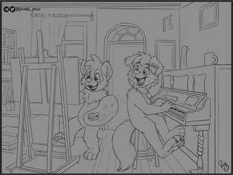 anthro book drawing duo featureless_crotch floppy_ears inside keyboard_instrument logo male male_anthro musical_instrument nude open_mouth open_smile piano playing_music sitting smile standing pandapaco parinton bear canid canine giant_panda mammal artist_logo monochrome signature