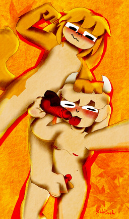 anthro aroused aroused_face balls blush duo erection feet foot_fetish foot_play footjob fur genitals hair happy headpat hooves horn humanoid_genitalia humanoid_penis licking lying lying_on_ground male male/male multicolored_body multicolored_fur nipples nude on_ground oral orange_background penetration penile penis penis_lick petting sex simple_background smile tail tongue tongue_out white_body white_fur yellow_body yellow_fur yoshreveluv ian_(yoshreveluv) kamel_(yoshreveluv) bovid bovine canid canine canis caprine domestic_dog goat mammal digital_media_(artwork) hi_res shaded