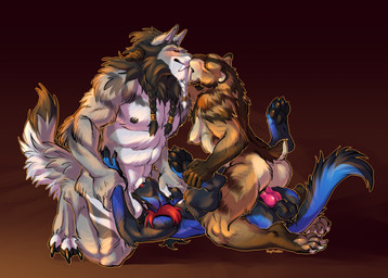 accessory amazon_position anthro balls blue_body blue_fur braided_hair breasts brown_body brown_fur butt claws deep_throat erection fangs feet female fluffy fluffy_tail foot_grab fur genitals gradient_background group group_sex hair hair_accessory hair_ring kissing knot knotted_penis lying male male/female male/male nipples nude nude_anthro nude_female nude_male on_back oral oral_penetration pawpads paws penetration penile penile_penetration penis pointy_ears prick_ears red_eyes red_hair reverse_spitroast sabertooth_(anatomy) sex short_tail simple_background tail teeth text threesome toe_claws trio white_body white_fur boypretties canid canine felid mammal prehistoric_species saber-toothed_tiger 2026 artist_name digital_media_(artwork) hi_res