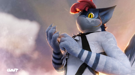 anthro cloud detailed_background hair harness looking_at_viewer male photorealism realistic red_hair solo white_body yellow_eyes cloutboixd capcom monster_hunter flying_wyvern nargacuga hi_res