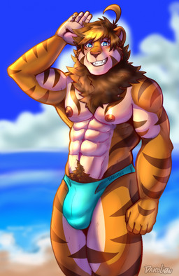 abs anthro areola barazoku beach big_bulge biped blue_clothing blue_eyes blue_speedo blue_swimwear blurred_background brown_hair bulge clothed clothing cloud detailed_background detailed_bulge eyebrow_through_hair eyebrows fingers front_view genital_outline hair humanoid_hands looking_at_viewer male mane muscular muscular_anthro muscular_arms muscular_legs muscular_male navel nipples outside pecs penis_outline pose pubes sand sea short_hair sky smile solo speedo speedo_only standing swimwear text toothy_smile topless topless_anthro topless_male translucent translucent_hair water darolion leon_(darolion) felid hybrid liger mammal pantherine 2025 artist_name colored hi_res portrait shaded three-quarter_portrait