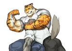 2022 absurd_res anthro anthro_on_anthro barazoku belt bent_over biceps big_muscles blush bottomwear canid canine canis clothed clothing coach_ho countershading domestic_dog dress_shirt duo eyebrows felid flexing fur furgonomics hi_res huge_muscles looking_at_muscles male male/male mammal muscle_worship muscular muscular_anthro muscular_male narrowed_eyes one_eye_closed pantherine pants pecs scar shirt simple_background sitting size_difference smile teeth tiger tight_clothing topwear traver009 triceps tuft vein veiny_muscles white_background