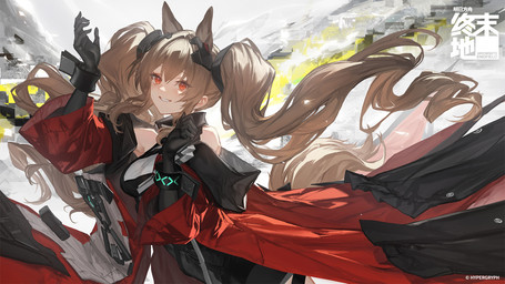 5_fingers black_clothing black_gloves black_handwear breasts brown_eyes brown_hair clothing female fingers gloves hair handwear jacket long_hair looking_at_viewer pigtails smile solo tail topwear lm7_(op-center) arknights hypergryph studio_montagne angelina_(arknights) animal_humanoid canid canid_humanoid humanoid mammal mammal_humanoid 16:9 2026 hi_res widescreen