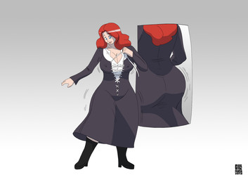 big_breasts big_butt blue_eyes breast_expansion breasts butt butt_expansion clothing dress expansion female footwear grey_background grey_clothing grey_dress hair high_heels human_only looking_down nipple_outline not_furry red_hair shoes simple_background smile solo standing surprised text gillpanda human mammal 2013 digital_media_(artwork) english_text