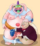 anthro belly blush bottomwear clothing duo eyes_closed handjob humanoid_hands kemono male male/male moobs nipples one_eye_closed overweight overweight_male pants penile pink_body sex simple_background wink norataro level-5 yo-kai_watch sproink domestic_pig mammal suid suine sus_(pig) 2016