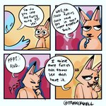 1:1 2021 absurd_res anthro bee_(trashcamell) bodily_fluids canid canine comic dialogue digital_media_(artwork) dipstick_ears duo ear_markings english_text eyes_closed fox fur hi_res human humor laugh mammal multicolored_ears nonbinary_(lore) orange_body orange_fur solo speech_bubble sweat text trashcamell