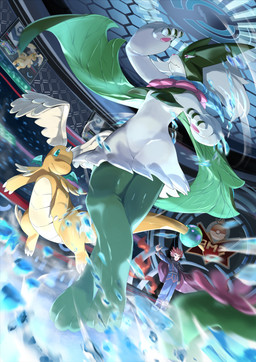 3_fingers 3_toes ambiguous_gender anthro cape claws clothing feathered_wings feathers feet feral finger_claws fingers flower_(anatomy) fur gender_symbol green_body green_eyes green_fur green_wings group hair head_wings horn male male_symbol mask orange_body orange_scales orange_tail pawpads paws pink_eyes pink_nose pokemon_champion red_hair scales symbol tail tan_body tan_scales text toes trio unusual_wing_placement wings aqualitas5 nintendo pokemon pokemon_champions_(game) lance_(pokemon) generation_9_pokemon human mammal mega_dragonite mega_evolution meowscarada pokemon_(species) 2026 absurd_res hi_res japanese_text