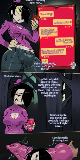 animal_genitalia animal_penis beverage black_bottomwear black_clothing black_hair black_pants bottomwear bulge canine_genitalia canine_penis cleavage_cutout clothed clothing cutout disembodied_penis duo electronics emanata erection eyes_closed forest fully_clothed genitals grey_body grey_skin gynomorph hair hair_over_eye hat headgear headwear holding_beverage holding_object holding_phone intersex knot male outside pants penis phone plant profanity purple_clothing purple_headwear purple_topwear solo text topwear tree toonguy100 hatgirl human humanoid mammal comic english_text hi_res multiple_scenes sequence watermark