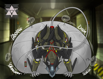 ambiguous_gender belly big_belly black_body claws eyes_closed feral green_body grey_body groaning_belly gurgle_(sound_effect) huge_belly hyper hyper_belly inside logo long_tail lying machine metallic_body motion_lines multiple_prey on_front resting_on_belly rumbling_stomach soft_vore solo tail text unwilling_prey vore sentinelwinder e-ter canid canine canis mammal robot robot_feral wolf 2021 artist_logo artist_name english_text