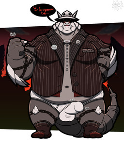 anthro balls_outline belly big_bulge bottomwear briefs bulge chain claws clothed clothed/nude clothing detailed_bulge dialogue erection erection_under_clothing feet footwear garter_belt garter_belt_socks garter_straps genital_outline genitals hand_behind_back horn humanoid_genitalia humanoid_penis looking_at_viewer male navel nude open_mouth overweight overweight_anthro overweight_male penis penis_outline pinstripe_suit socks solo speech_bubble suit_jacket tail talking_to_viewer tattoo text throbbing throbbing_bulge throbbing_penis tighty_whities tusks underwear white_briefs white_clothing white_underwear gorochuinboxers nintendo pokemon aggron generation_3_pokemon pokemon_(species) 2025 5:6 absurd_res colored digital_drawing_(artwork) digital_media_(artwork) english_text hi_res