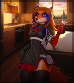 anthro beverage blep blue_eyes clothed clothed_anthro clothing cosplay female fur hair highlights_(coloring) legwear looking_at_viewer orange_body orange_fur scenery smile solo tail thigh_highs tongue tongue_out nimari combat_cat_studio wild_assault kaitlyn_demon canid canine fox mammal hi_res