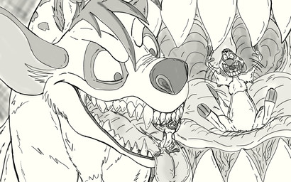 anthro extreme_size_difference female feral male open_mouth size_difference teeth tongue uvula vore kitvulpin disney the_lion_king shenzi_(the_lion_king) timon herpestid hyena mammal meerkat 16:10 widescreen