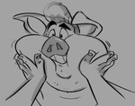 duo face_squish male overweight simple_background smile solo_focus squish polartoons domestic_pig mammal suid suine sus_(pig) 2022 greyscale monochrome sketch