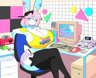 anthro backwards_baseball_cap backwards_hat baseball_cap bell bell_collar big_breasts biped black_baseball_cap black_clothing black_legwear black_thigh_highs blue_eyes blue_hair bottomwear breasts chair chest_tuft cleavage closed_smile clothed clothing collar computer computer_keyboard computer_mouse crossed_legs desk desktop electronics eye_through_hair eyebrow_through_hair eyebrows eyelashes eyelashes_through_hair female furgonomic_baseball_cap furgonomic_hat furgonomic_headwear furgonomics furniture hair hat headgear headwear hotpants huge_breasts inner_ear_fluff jingle_bell jingle_bell_collar legwear long_ears memphis_design mouth_closed multicolored_eyes multicolored_hair pink_eyes pink_hair purple_bottomwear purple_clothing purple_hotpants purple_shorts shorts sitting smile solo table text thigh_highs topwear translucent translucent_hair tuft two_tone_eyes two_tone_hair yellow_clothing yellow_topwear theycallhimcake game_boy_color game_boy_family mario_bros nintendo nintendo_64 super_mario_64 super_mario_world super_nintendo pb_(theycallhimcake) lagomorph leporid mallkin mammal rabbit 2023 artist_name digital_drawing_(artwork) digital_media_(artwork) english_description hi_res portrait three-quarter_portrait busty_boy_(lore) male_(lore)