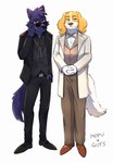 4_fingers anthro belt black_body black_fur boots clothed clothing duo eyewear fingers footwear fully_clothed fur male ribbons shoes simple_background suit sunglasses tail tuft white_background mofu_guys belfort_and_lupin belfort_(belfort_and_lupin) bird_dog canid canine canis domestic_dog french_spaniel hunting_dog mammal spaniel wolf hi_res signature