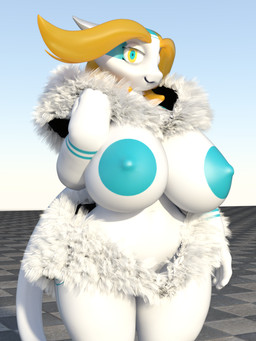 anthro areola big_breasts big_tail blonde_eyebrows blonde_hair breasts cloak_only clothing eyebrows female hair hand_on_clothing horn huge_breasts huge_tail looking_at_viewer markings navel nipples robe robe_only solo tail white_body idsaybucketsofart mythology aijou dragon jou mythological_creature mythological_scalie scalie 2017 3:4 3d_(artwork) digital_media_(artwork) unavailable_at_source