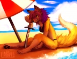 anthro beach bikini clothed clothing detailed_background dipstick_tail feet female hindpaw markings melee_weapon outside paws sand seaside skimpy sky solo swimwear sword tail tail_markings two-piece_swimsuit water weapon falvie sonia_(rukaisho) canid canine fox mammal digital_media_(artwork)