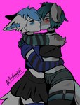 anthro arm_warmers armwear blush bottomwear clothed clothing crossdressing duo eyes_closed femboy hug kissing male pink_background simple_background skirt ailensolid canid canine mammal absurd_res hi_res