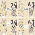 anthro blonde_hair dialogue duo female female/female hair humor long_hair purple_hair simple_background text lewdshiba maeve_(lewdshiba) salt_(bunniecope) domestic_rabbit dwarf_rabbit lagomorph leporid mammal oryctolagus rabbit 1:1 comic digital_media_(artwork) english_text flat_colors hi_res