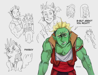 ambiguous_gender armband blonde_hair clothed clothed_feral clothing cross-popping_vein dialogue duo feral fluffy fully_clothed fur green_body green_skin hair humanoid_pointy_ears jacket knife male muscular muscular_humanoid muscular_male pointy_ears prick_ears sharp_teeth speech_bubble teeth text topwear underbite vein veiny_muscles poporo_1102 drawfee_(copyright) drawtectives gyorik_rogdul piss_boy_(drawtectives) domestic_cat felid feline felis humanoid mammal orc english_text hi_res