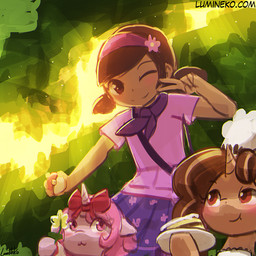 :3 accessory backpack blush bottomwear brown_eyes brown_hair chef clothed clothing female feral flower food fully_clothed gesture group hair hair_accessory hairband hand_gesture hat headgear headwear holding_food holding_object holding_pokeball horn human_focus kerchief light not_furry_focus one_eye_closed outside pancake pigtails pink_eyes pink_hair plant plate pokeball ribbons shirt skirt smile standard_pokeball sunlight text topwear v_sign wink lumineko hasbro my_little_pony mythology nintendo pokemon fan_character equid equine human mammal mythological_creature mythological_equine unicorn 1:1 2017 crossover signature